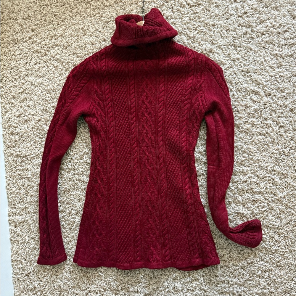 Elegant Red Cable Knit Turtleneck Sweater